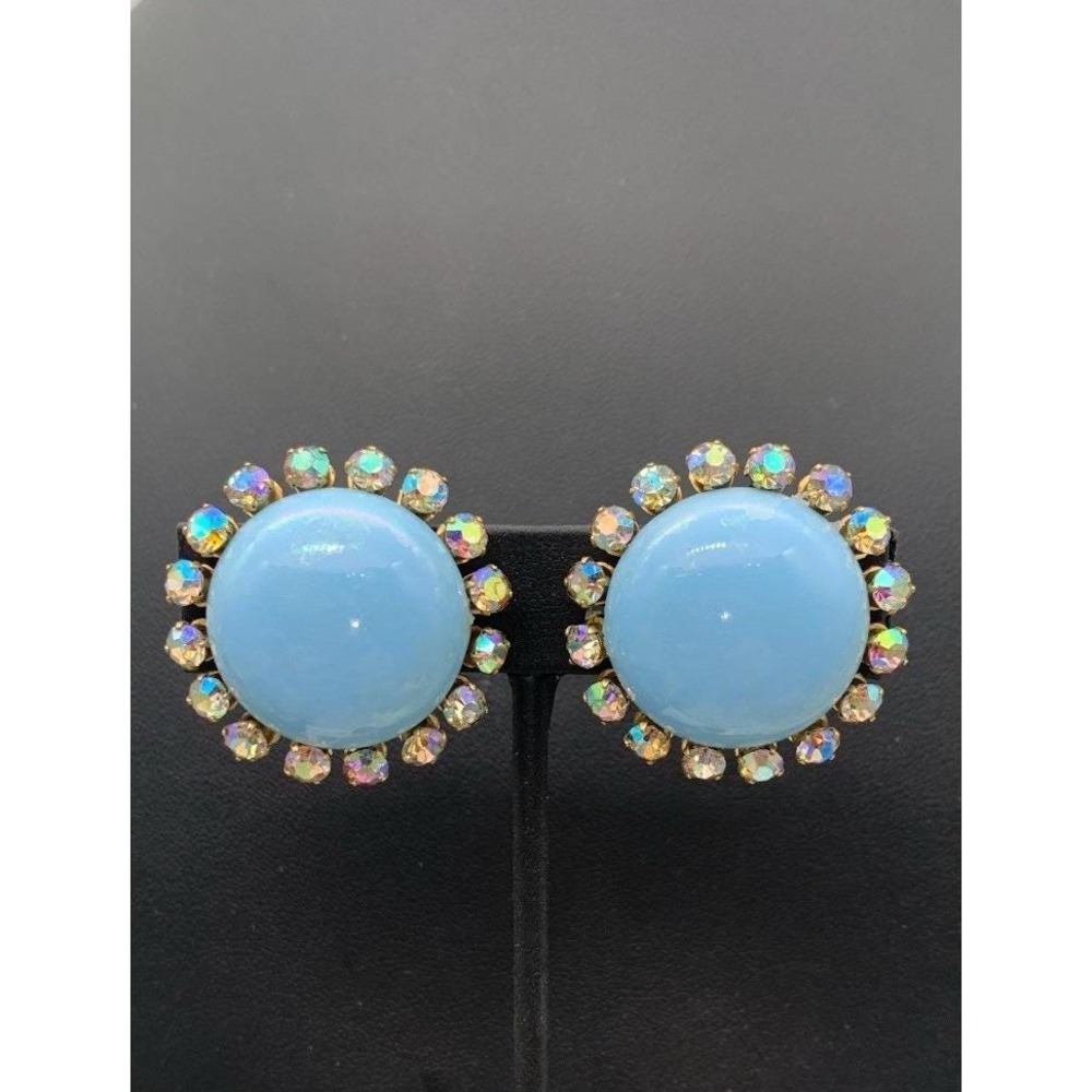 Vintage Coro Sky Blue Cabachon Clip On Earrings W Aurora Borealis AB Rhinestones